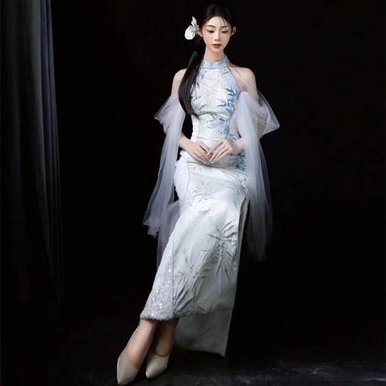 New Light Luxury Minority Adult Ceremony Halter Sleeveless Shoulder Tassel New Chinese Style Cheongsam Evening Dress Dress Women New Light Luxury Minority Adult Ceremony Halter Sleeveless Shoulder Tassel New Chinese Style Cheongsam Evening Dress Dress Women
