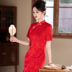 Summer Guofeng Engagement Jacquard Mid-Length Red Cheongsam Dress Elegant Slimming Banquet Wedding Traditional Chinese Clothing