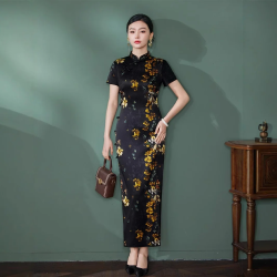 New Modern Chinoiserie Retro Print Long Black Silk Cheongsam Elegant Printed Dress for Summer Improved Mul Berry Silk Classy