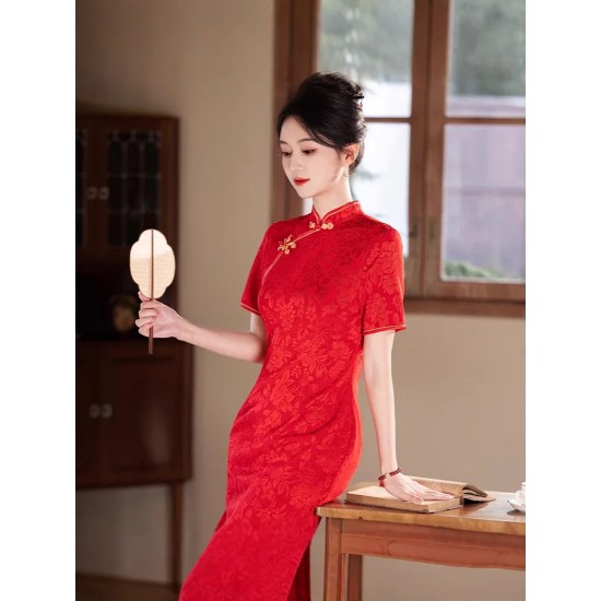 Summer Engagement Jacquard Mid-Length Red Cheongsam Dress Elegant Slimming Banquet Wedding Traditional Chinese Clothing Summer Engagement Jacquard Mid-Length Red Cheongsam Dress Elegant Slimming Banquet Wedding Traditional Chinese Clothing