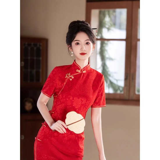 Summer Engagement Jacquard Mid-Length Red Cheongsam Dress Elegant Slimming Banquet Wedding Traditional Chinese Clothing Summer Engagement Jacquard Mid-Length Red Cheongsam Dress Elegant Slimming Banquet Wedding Traditional Chinese Clothing