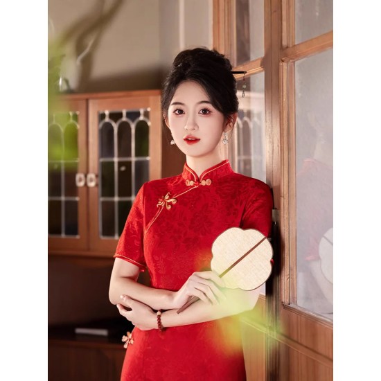 Summer Engagement Jacquard Mid-Length Red Cheongsam Dress Elegant Slimming Banquet Wedding Traditional Chinese Clothing Summer Engagement Jacquard Mid-Length Red Cheongsam Dress Elegant Slimming Banquet Wedding Traditional Chinese Clothing