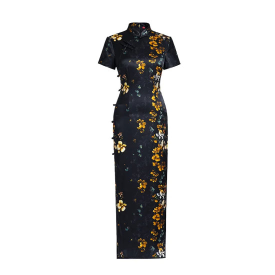 New Modern Chinoiserie Retro Print Long Black Silk Cheongsam Elegant Printed Dress for Summer Improved Mul Berry Silk Classy New Modern Chinoiserie Retro Print Long Black Silk Cheongsam Elegant Printed Dress for Summer Improved Mul Berry Silk Classy