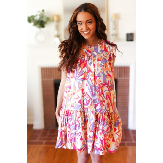 Multicolor Geometric Midi Flutter Sleeve Dress Multicolor Geometric Midi Flutter Sleeve Dress