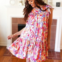 Multicolor Geometric Midi Flutter Sleeve Dress