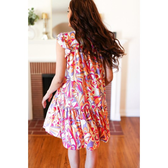 Multicolor Geometric Midi Flutter Sleeve Dress Multicolor Geometric Midi Flutter Sleeve Dress