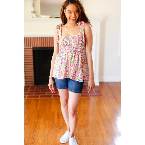 Summer Days Floral Smocked Shoulder Tie Top in Ivory & Fuchsia Summer Days Floral Smocked Shoulder Tie Top in Ivory & Fuchsia