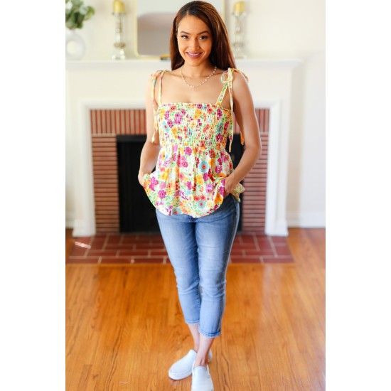 Sunny Days Floral Smocked Shoulder Tie Top in Yellow Sunny Days Floral Smocked Shoulder Tie Top in Yellow