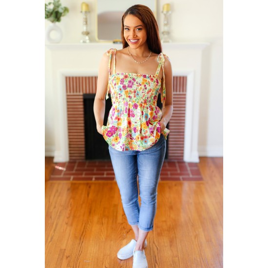 Sunny Days Floral Smocked Shoulder Tie Top in Yellow Sunny Days Floral Smocked Shoulder Tie Top in Yellow