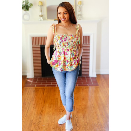 Sunny Days Floral Smocked Shoulder Tie Top in Yellow Sunny Days Floral Smocked Shoulder Tie Top in Yellow