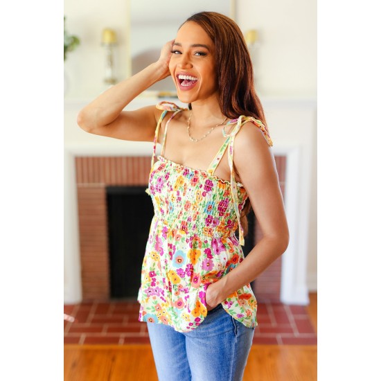 Sunny Days Floral Smocked Shoulder Tie Top in Yellow Sunny Days Floral Smocked Shoulder Tie Top in Yellow