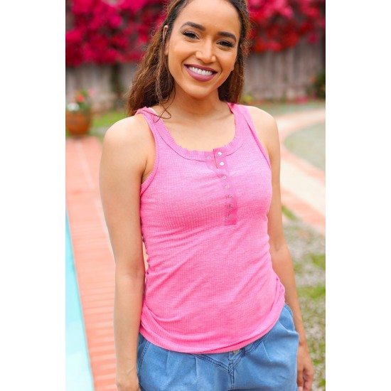 Summer Days Melange Ribbed Henley Button Down Tank in Fuchsia Summer Days Melange Ribbed Henley Button Down Tank in Fuchsia