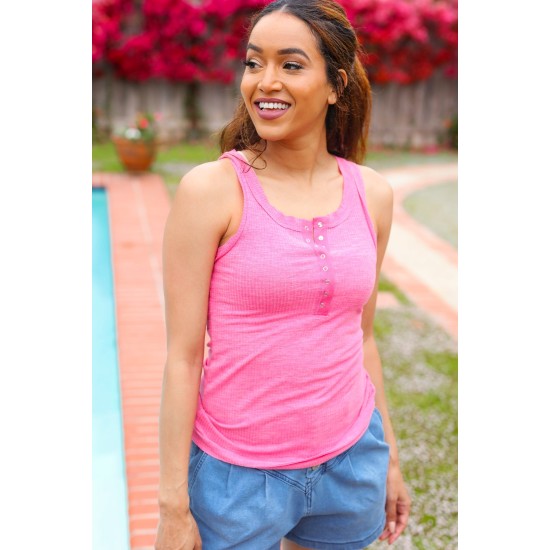Summer Days Melange Ribbed Henley Button Down Tank in Fuchsia Summer Days Melange Ribbed Henley Button Down Tank in Fuchsia