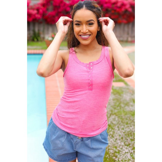 Summer Days Melange Ribbed Henley Button Down Tank in Fuchsia Summer Days Melange Ribbed Henley Button Down Tank in Fuchsia