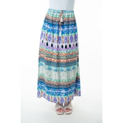 Printed Elastic Waist Band Long Skirt with Tassels in Sage Combo