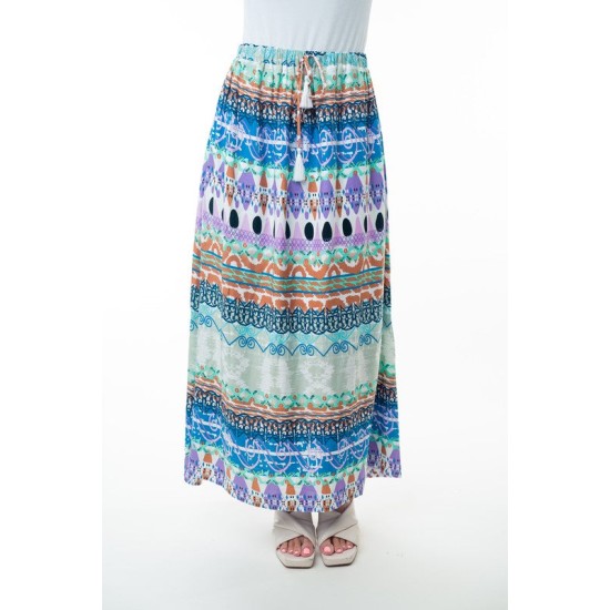 Printed Elastic Waist Band Long Skirt with Tassels in Sage Combo Printed Elastic Waist Band Long Skirt with Tassels in Sage Combo