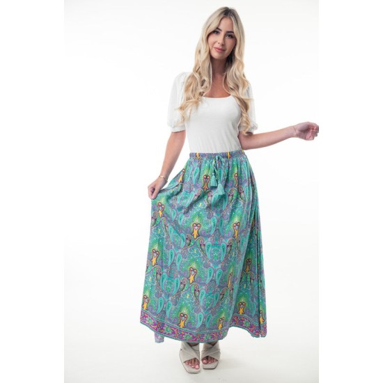 Printed Elastic Waist Band Long Skirt with Tassels in Mint Combo Printed Elastic Waist Band Long Skirt with Tassels in Mint Combo