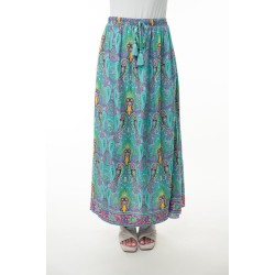 Printed Elastic Waist Band Long Skirt with Tassels in Mint Combo