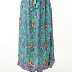 Printed Elastic Waist Band Long Skirt with Tassels in Mint Combo