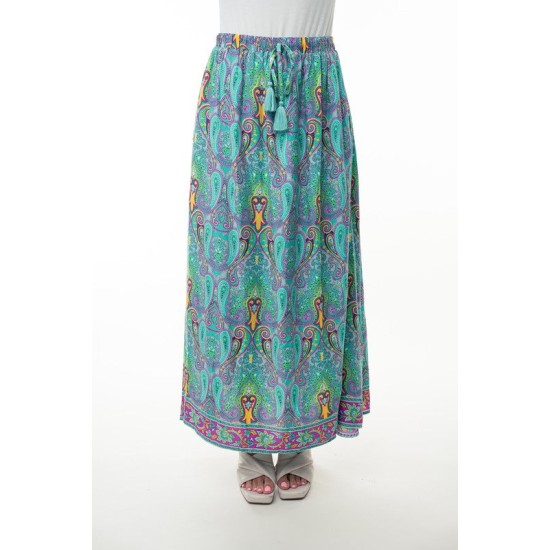 Printed Elastic Waist Band Long Skirt with Tassels in Mint Combo Printed Elastic Waist Band Long Skirt with Tassels in Mint Combo