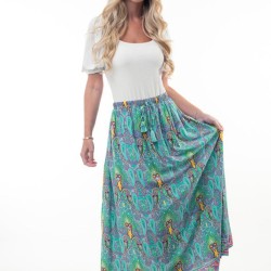 Printed Elastic Waist Band Long Skirt with Tassels in Mint Combo
