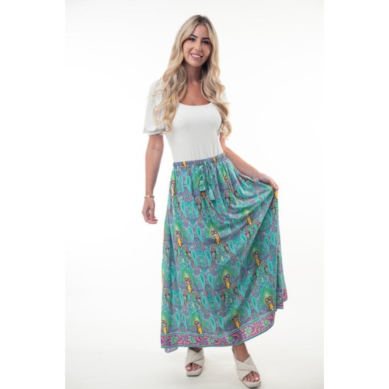 Printed Elastic Waist Band Long Skirt with Tassels in Mint Combo Printed Elastic Waist Band Long Skirt with Tassels in Mint Combo