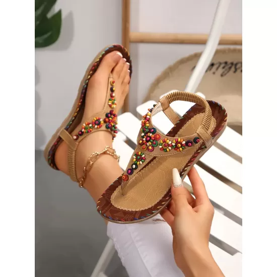 Colorful Beaded T-Strap Flat Sandals Colorful Beaded T-Strap Flat Sandals