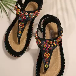 Colorful Beaded T-Strap Flat Sandals