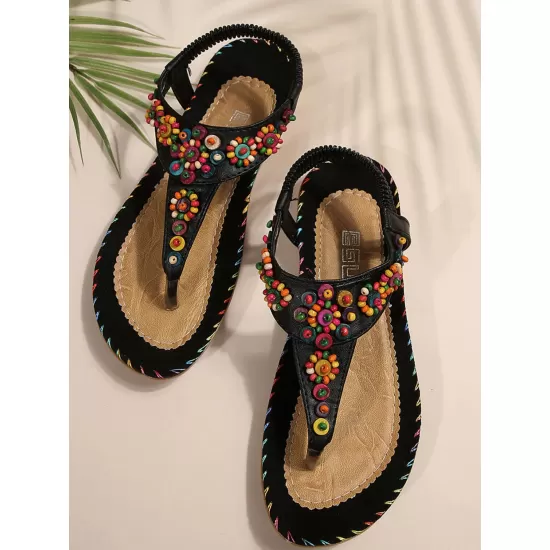 Colorful Beaded T-Strap Flat Sandals Colorful Beaded T-Strap Flat Sandals