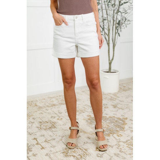 Ainsley High Rise Double Roll Cuffed Shorts in White Ainsley High Rise Double Roll Cuffed Shorts in White
