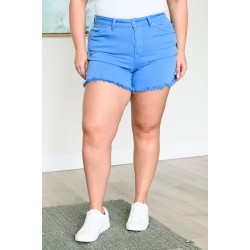 Celeste Mid Rise Shield Pocket Cutoff Shorts in Sky Blue