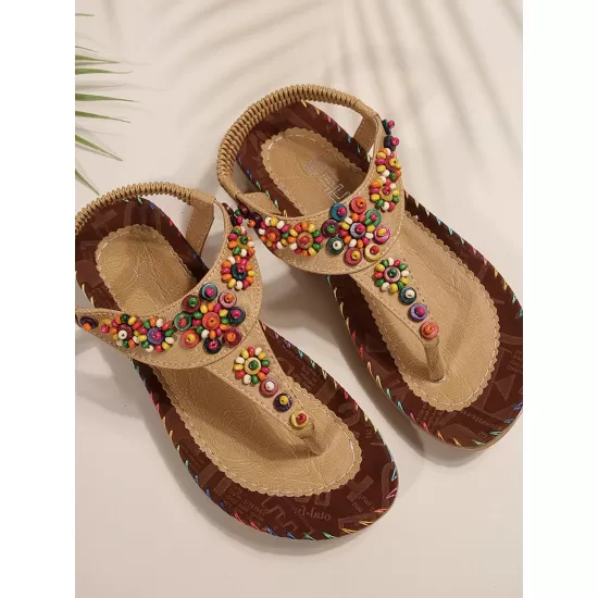 Colorful Beaded T-Strap Flat Sandals Colorful Beaded T-Strap Flat Sandals