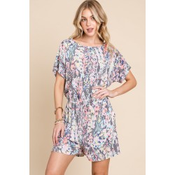 Printed Short Sleeve Drawstring Romper