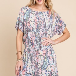 Printed Short Sleeve Drawstring Romper