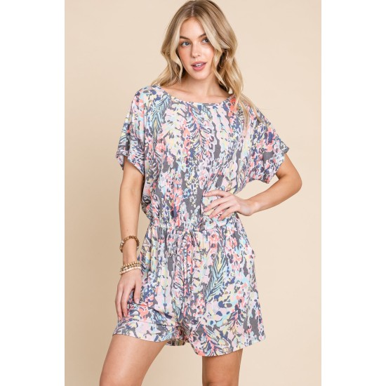 Printed Short Sleeve Drawstring Romper Printed Short Sleeve Drawstring Romper