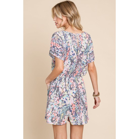 Printed Short Sleeve Drawstring Romper Printed Short Sleeve Drawstring Romper