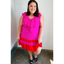 Fuchsia Ruffle V Neck Crepe Tiered Midi Dress