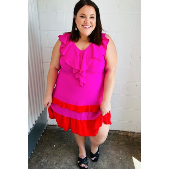 Fuchsia Ruffle V Neck Crepe Tiered Midi Dress