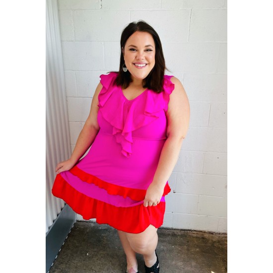 Fuchsia Ruffle V Neck Crepe Tiered Midi Dress