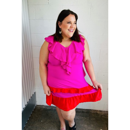 Fuchsia Ruffle V Neck Crepe Tiered Midi Dress