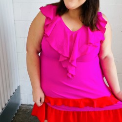 Fuchsia Ruffle V Neck Crepe Tiered Midi Dress