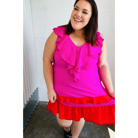 Fuchsia Ruffle V Neck Crepe Tiered Midi Dress