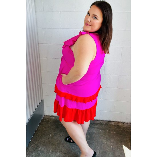 Fuchsia Ruffle V Neck Crepe Tiered Midi Dress