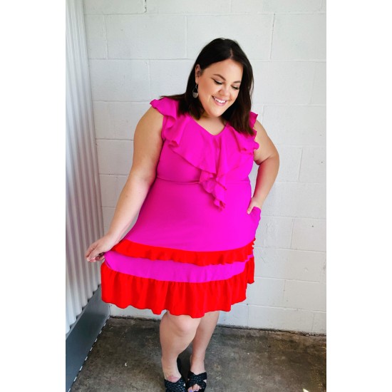 Fuchsia Ruffle V Neck Crepe Tiered Midi Dress