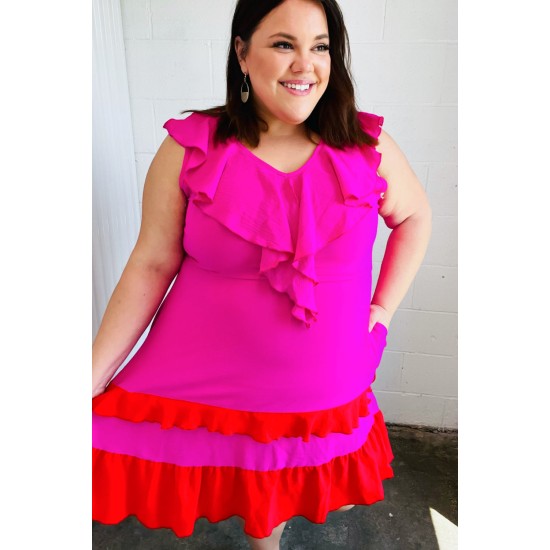 Fuchsia Ruffle V Neck Crepe Tiered Midi Dress