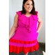 Fuchsia Ruffle V Neck Crepe Tiered Midi Dress