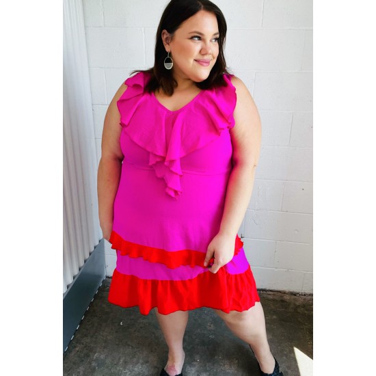 Fuchsia Ruffle V Neck Crepe Tiered Midi Dress