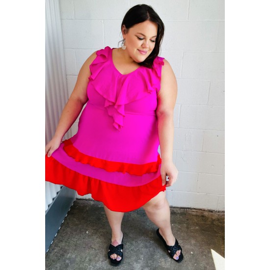 Fuchsia Ruffle V Neck Crepe Tiered Midi Dress