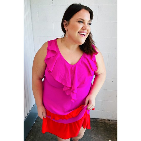 Fuchsia Ruffle V Neck Crepe Tiered Midi Dress