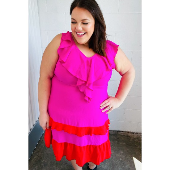 Fuchsia Ruffle V Neck Crepe Tiered Midi Dress